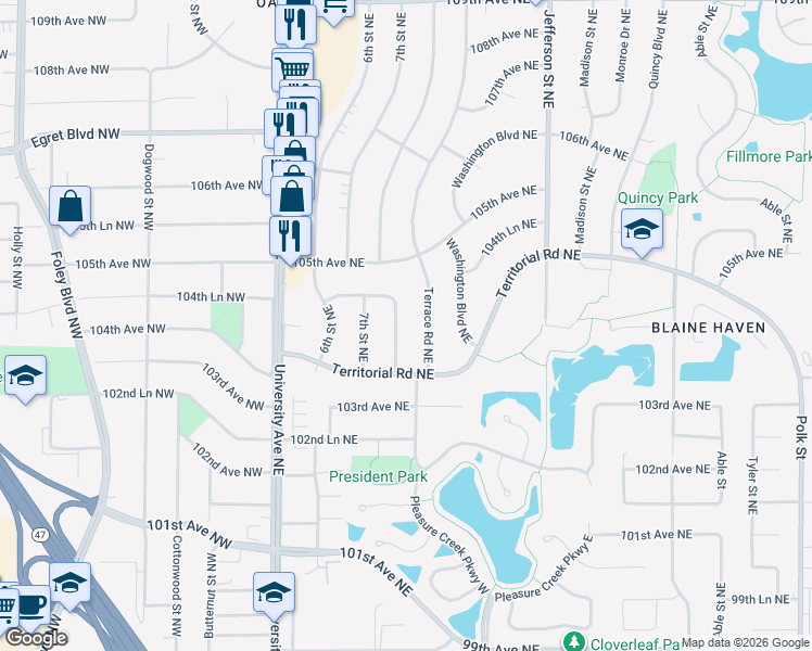 map of restaurants, bars, coffee shops, grocery stores, and more near 10436 Terrace Road Northeast in Blaine