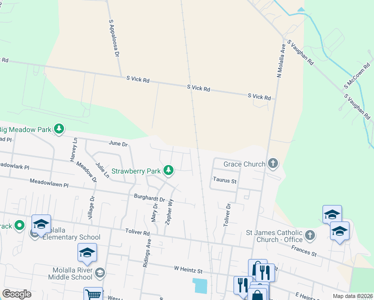 map of restaurants, bars, coffee shops, grocery stores, and more near 589 Eric Drive in Molalla