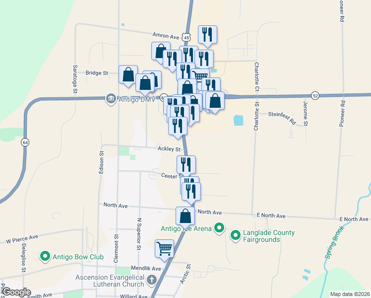 map of restaurants, bars, coffee shops, grocery stores, and more near 2003 Neva Rd in Antigo