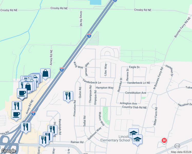 map of restaurants, bars, coffee shops, grocery stores, and more near 2030 Umpqua Road in Woodburn