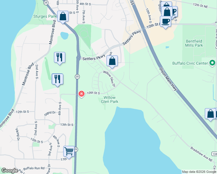 map of restaurants, bars, coffee shops, grocery stores, and more near 739 10th Street South in Buffalo