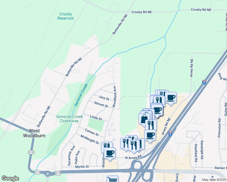 map of restaurants, bars, coffee shops, grocery stores, and more near 1457 Woodland Avenue in Woodburn