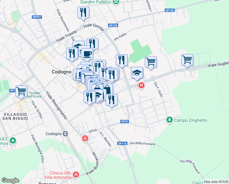 map of restaurants, bars, coffee shops, grocery stores, and more near 44 Via Costa Andrea in Codogno