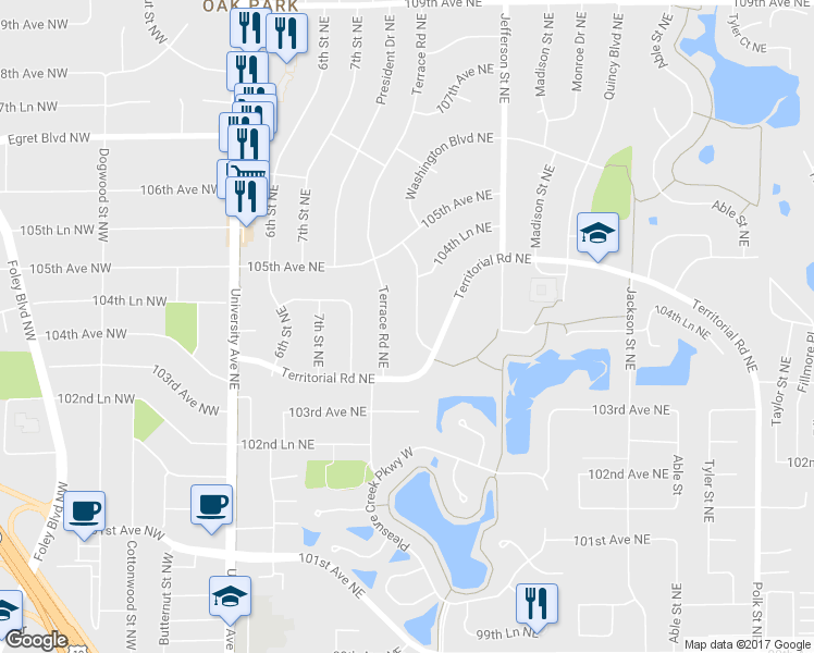 map of restaurants, bars, coffee shops, grocery stores, and more near 10428 Washington Boulevard Northeast in Blaine