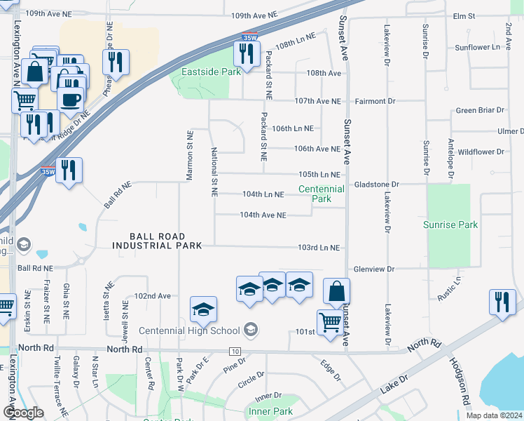 map of restaurants, bars, coffee shops, grocery stores, and more near 4753 104th Avenue Northeast in Circle Pines