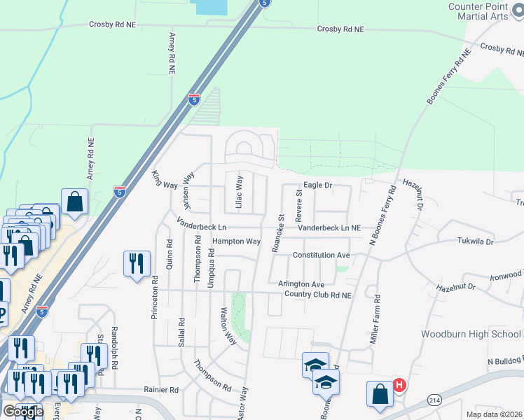 map of restaurants, bars, coffee shops, grocery stores, and more near 1967 Astor Way in Woodburn