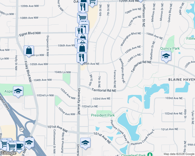 map of restaurants, bars, coffee shops, grocery stores, and more near 10437 6th Street Northeast in Blaine