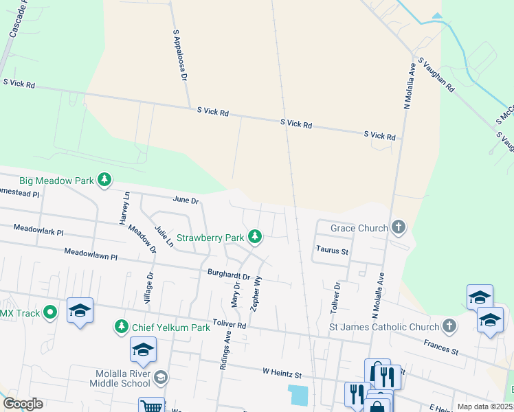 map of restaurants, bars, coffee shops, grocery stores, and more near 633 Eric Drive in Molalla