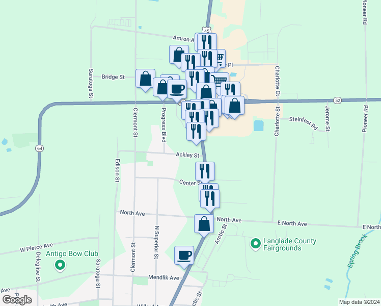 map of restaurants, bars, coffee shops, grocery stores, and more near 518 Ackley Street in Antigo