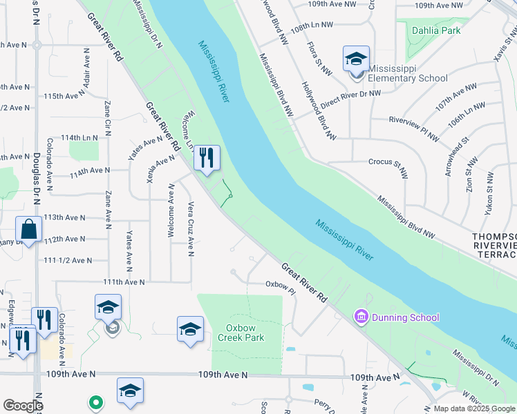 map of restaurants, bars, coffee shops, grocery stores, and more near 11242 Mississippi Drive North in Champlin