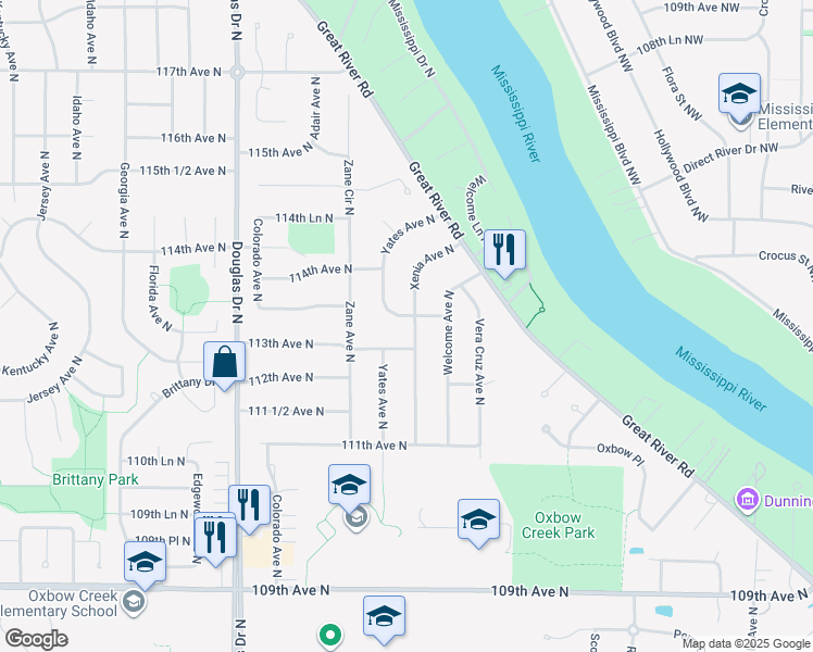 map of restaurants, bars, coffee shops, grocery stores, and more near 11225 Xenia Avenue North in Champlin