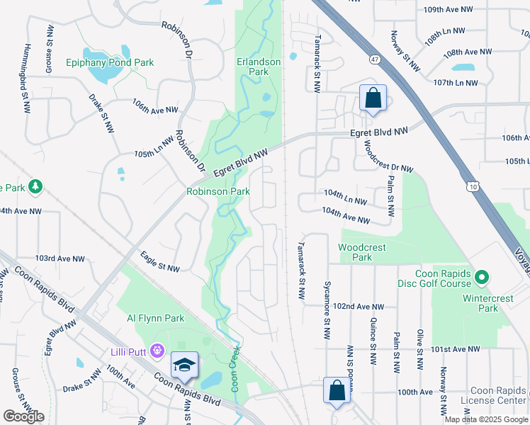 map of restaurants, bars, coffee shops, grocery stores, and more near 10424 Xeon Street Northwest in Minneapolis