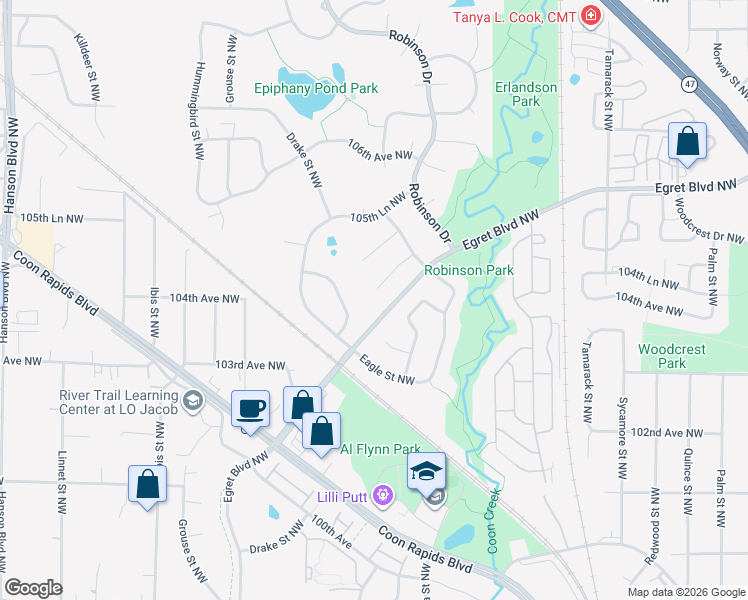 map of restaurants, bars, coffee shops, grocery stores, and more near 1380 104th Lane Northwest in Coon Rapids