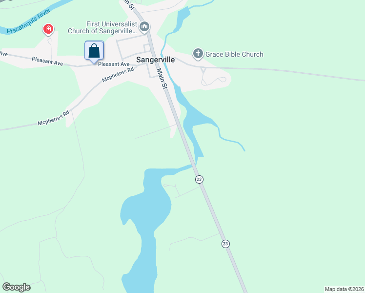 map of restaurants, bars, coffee shops, grocery stores, and more near 20 Main Street in Sangerville