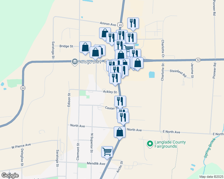 map of restaurants, bars, coffee shops, grocery stores, and more near 518 Ackley Street in Antigo