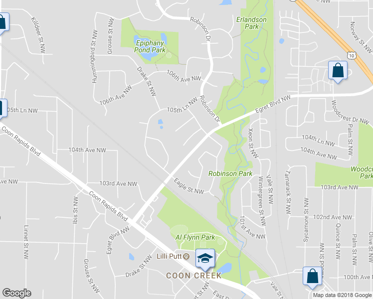 map of restaurants, bars, coffee shops, grocery stores, and more near 1380 104th Lane Northwest in Coon Rapids