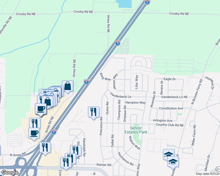 map of restaurants, bars, coffee shops, grocery stores, and more near 1740 Vanderbeck Lane in Woodburn