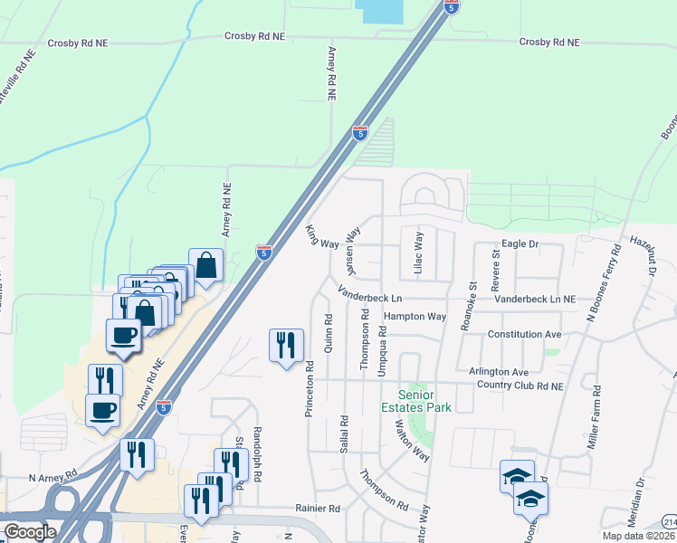 map of restaurants, bars, coffee shops, grocery stores, and more near 1740 Vanderbeck Ln in Woodburn