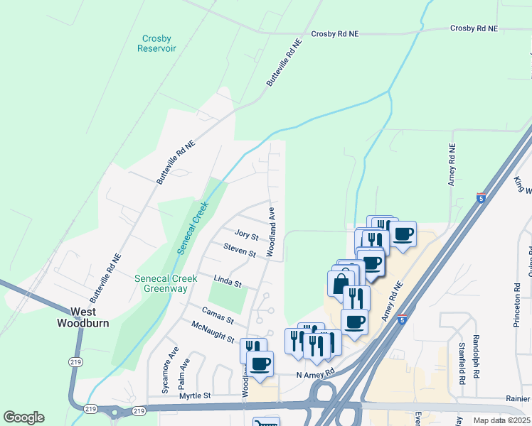 map of restaurants, bars, coffee shops, grocery stores, and more near 1457 Woodland Avenue in Woodburn