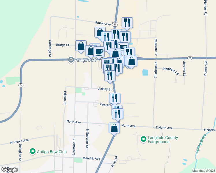 map of restaurants, bars, coffee shops, grocery stores, and more near 518 Ackley Street in Antigo