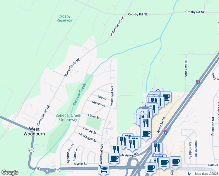 map of restaurants, bars, coffee shops, grocery stores, and more near 1457 Woodland Avenue in Woodburn