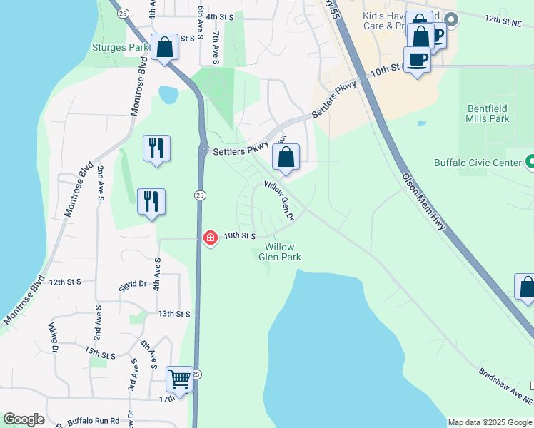 map of restaurants, bars, coffee shops, grocery stores, and more near 739 10th Street South in Buffalo