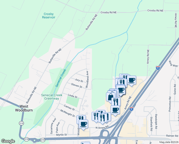 map of restaurants, bars, coffee shops, grocery stores, and more near 1457 Woodland Avenue in Woodburn
