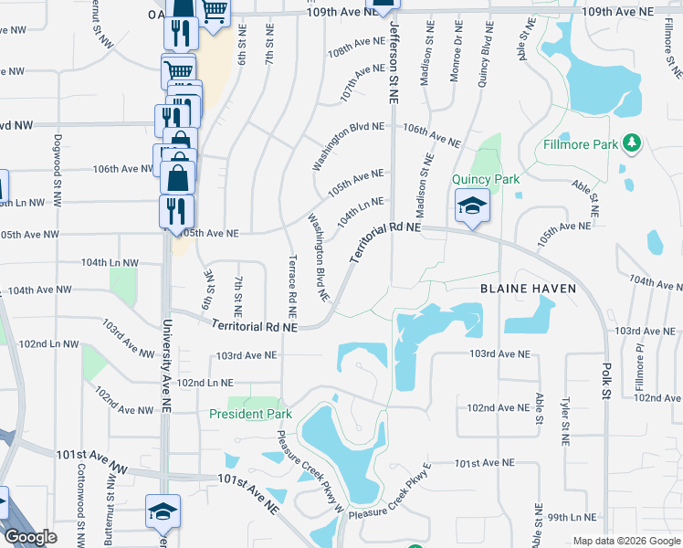 map of restaurants, bars, coffee shops, grocery stores, and more near 312 Territorial Road Northeast in Blaine