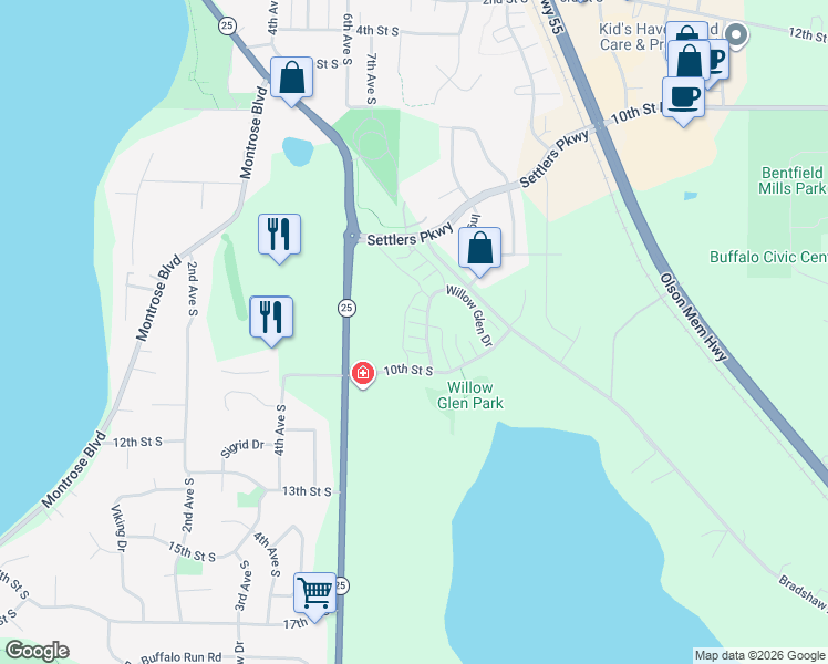 map of restaurants, bars, coffee shops, grocery stores, and more near 737 Willow Glen Drive in Buffalo