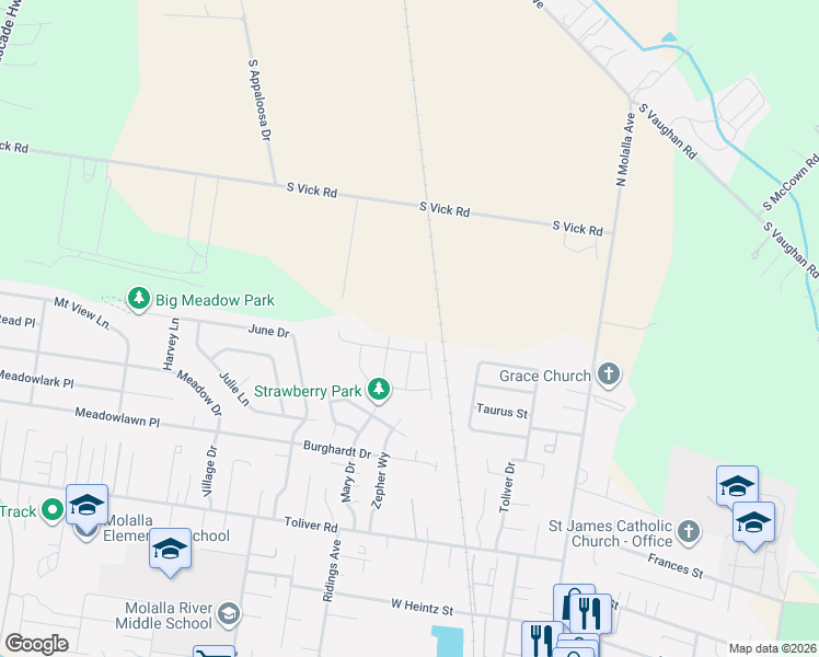 map of restaurants, bars, coffee shops, grocery stores, and more near 1140 Rachel Lane in Molalla