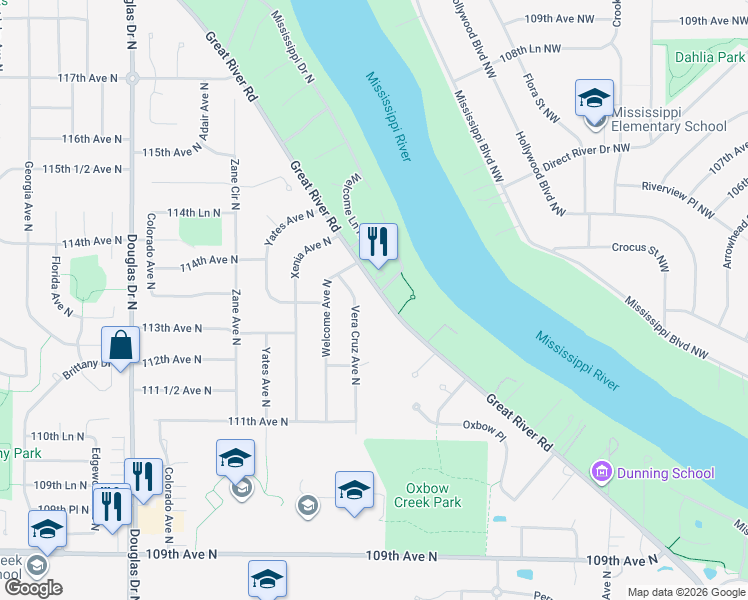 map of restaurants, bars, coffee shops, grocery stores, and more near 11232 Vera Cruz Avenue North in Champlin