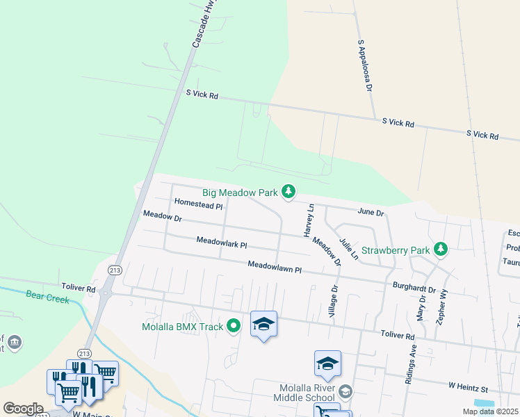 map of restaurants, bars, coffee shops, grocery stores, and more near 1111 Meadow Drive in Molalla