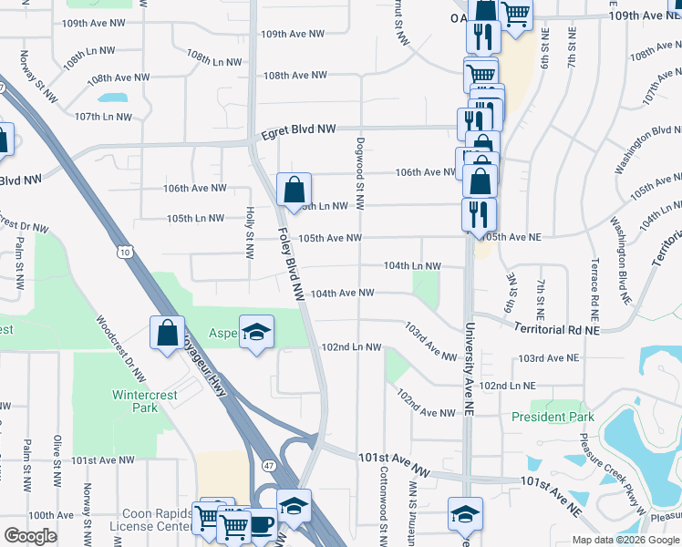 map of restaurants, bars, coffee shops, grocery stores, and more near 221 104th Avenue Northwest in Minneapolis
