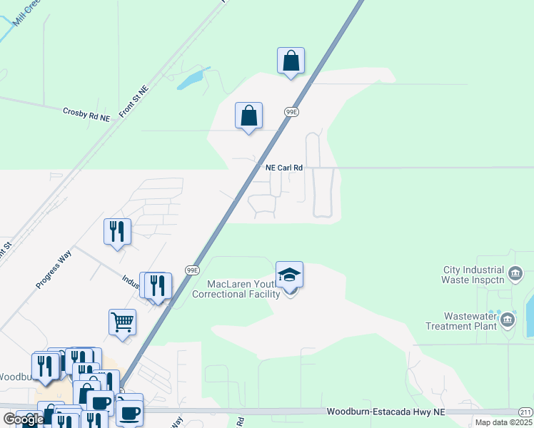 map of restaurants, bars, coffee shops, grocery stores, and more near 16688 North Pacific Highway in Woodburn