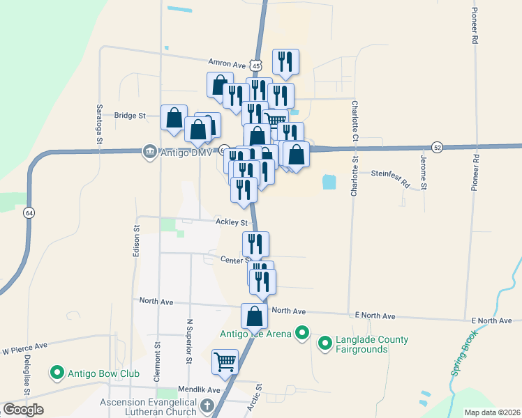 map of restaurants, bars, coffee shops, grocery stores, and more near 2003 Neva Road in Antigo