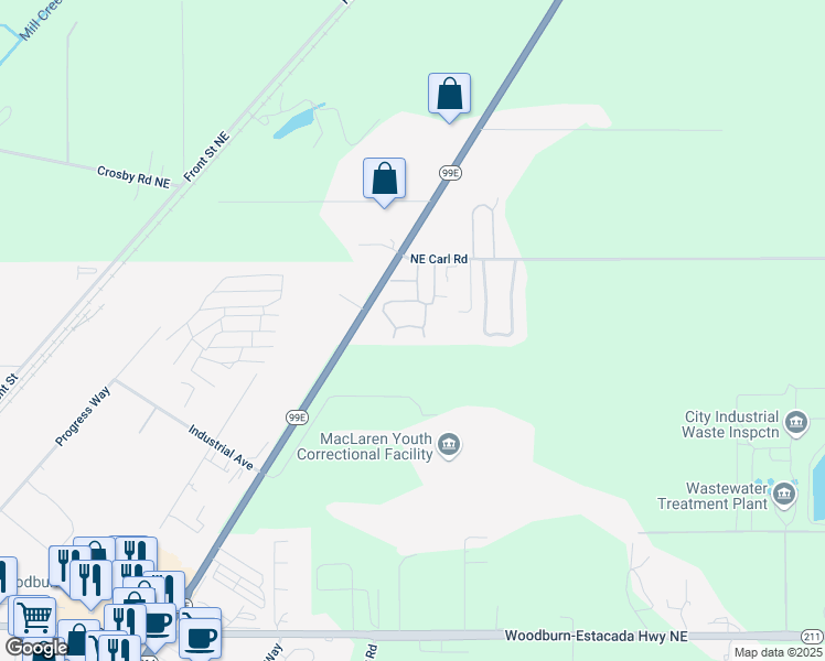 map of restaurants, bars, coffee shops, grocery stores, and more near 16688 North Pacific Highway in Woodburn