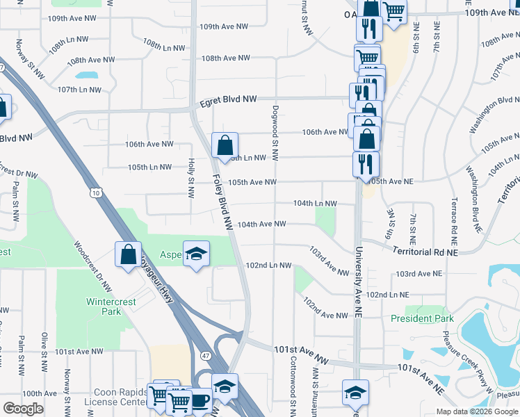 map of restaurants, bars, coffee shops, grocery stores, and more near 221 104th Avenue Northwest in Minneapolis