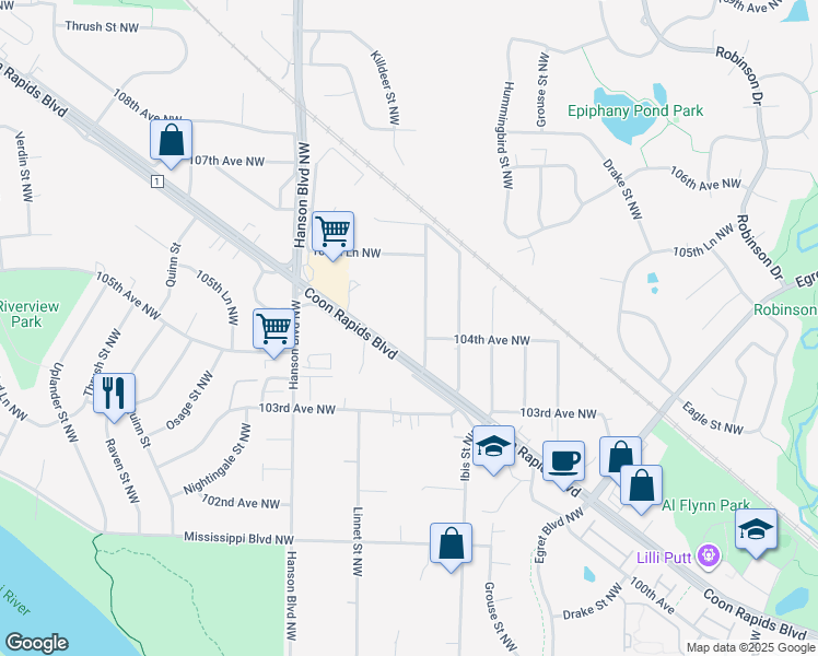 map of restaurants, bars, coffee shops, grocery stores, and more near in Coon Rapids