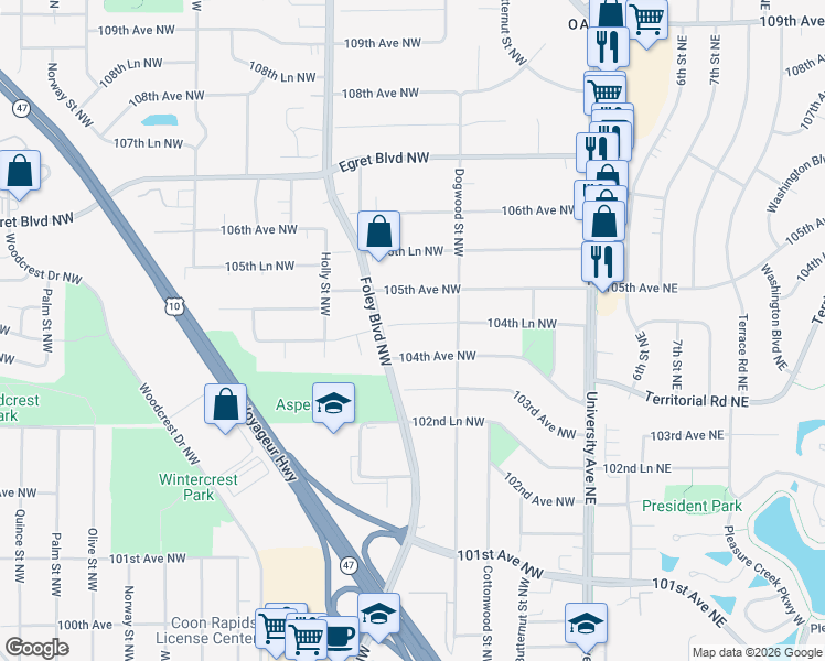 map of restaurants, bars, coffee shops, grocery stores, and more near 221 104th Avenue Northwest in Minneapolis