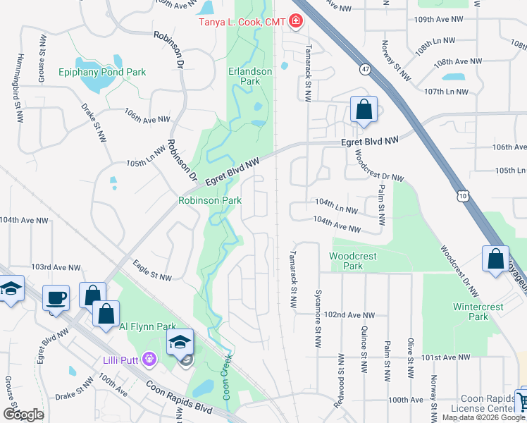map of restaurants, bars, coffee shops, grocery stores, and more near 10424 Xeon Street Northwest in Minneapolis