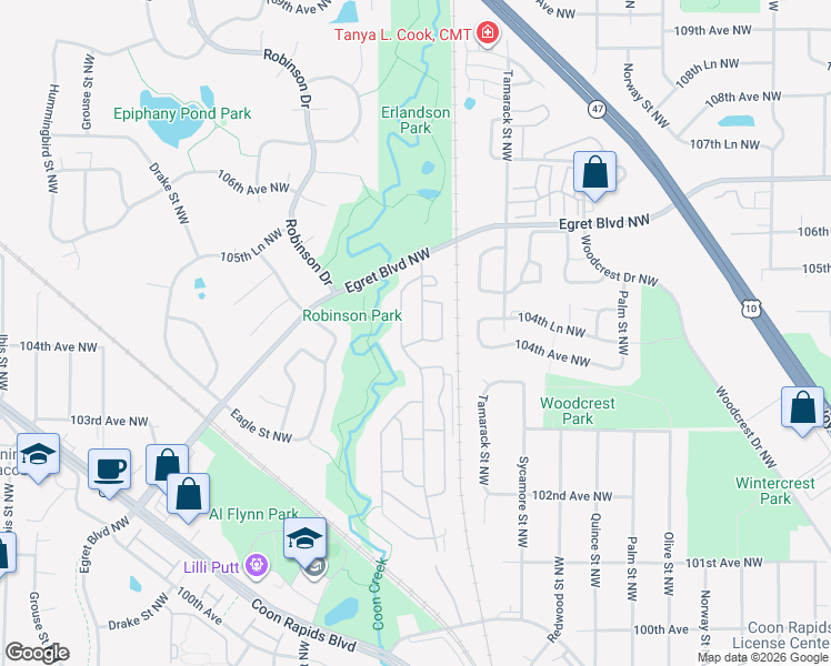 map of restaurants, bars, coffee shops, grocery stores, and more near 10424 Xeon Street Northwest in Minneapolis