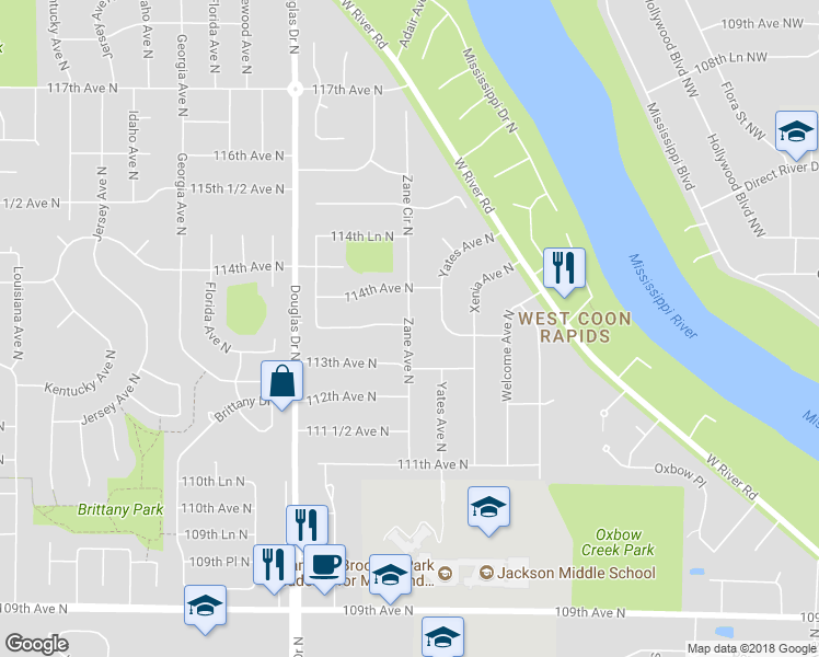 map of restaurants, bars, coffee shops, grocery stores, and more near 11319 Zane Avenue North in Champlin