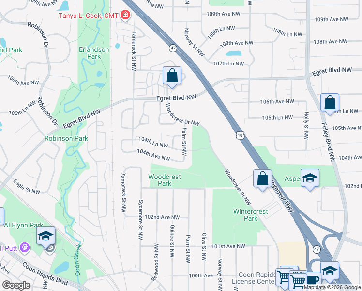 map of restaurants, bars, coffee shops, grocery stores, and more near 10460 Palm Street Northwest in Coon Rapids