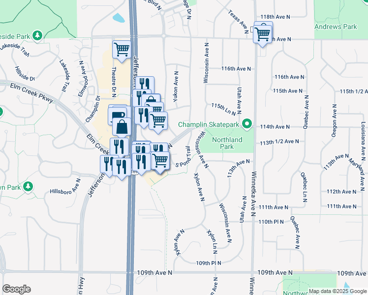 map of restaurants, bars, coffee shops, grocery stores, and more near 8474 South Pond Trail in Champlin
