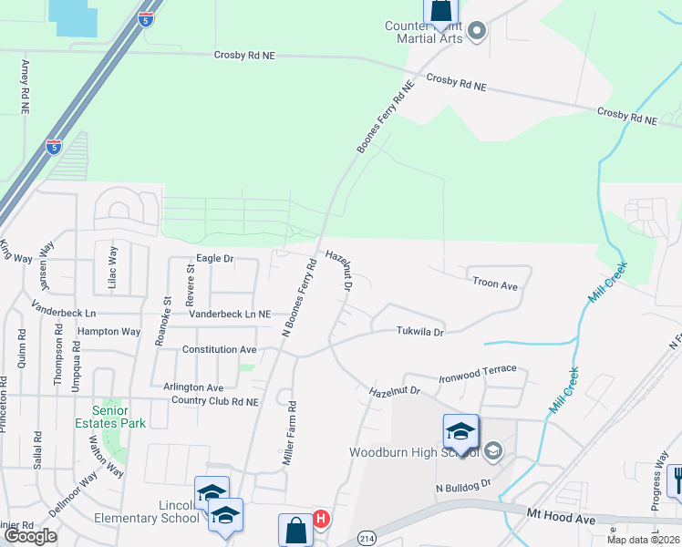 map of restaurants, bars, coffee shops, grocery stores, and more near 2815 Hazelnut Drive in Woodburn