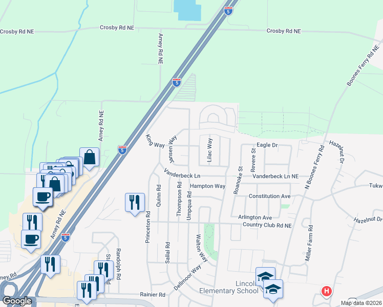 map of restaurants, bars, coffee shops, grocery stores, and more near 2030 Umpqua Road in Woodburn