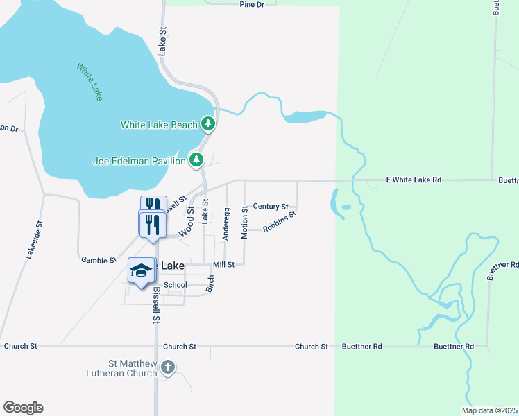 map of restaurants, bars, coffee shops, grocery stores, and more near 201 Robbins Street in White Lake