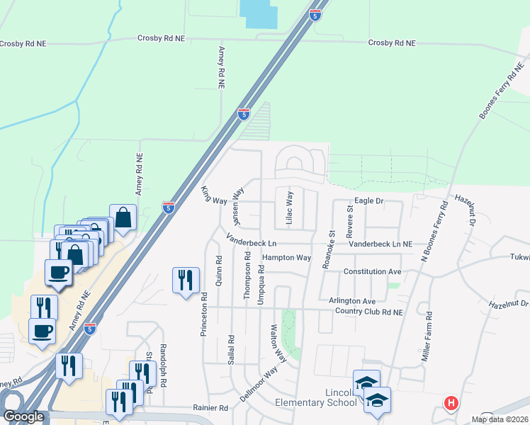 map of restaurants, bars, coffee shops, grocery stores, and more near 2030 Umpqua Road in Woodburn