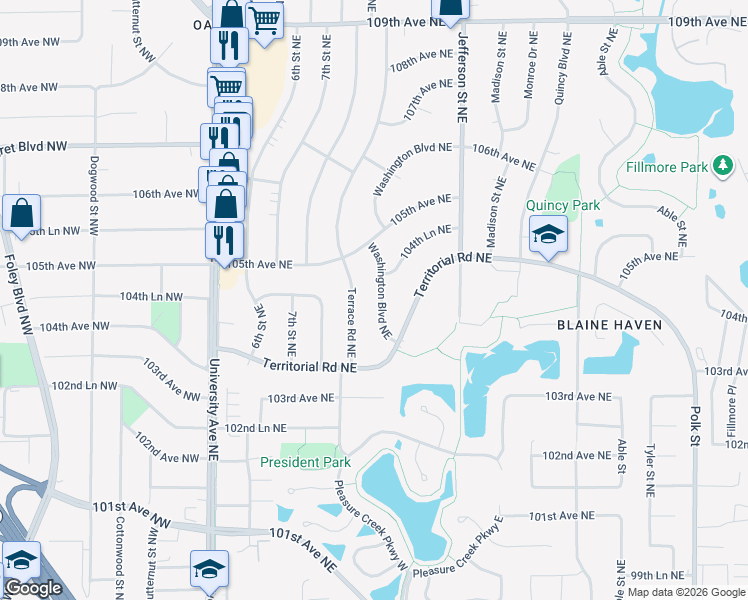 map of restaurants, bars, coffee shops, grocery stores, and more near 10428 Washington Boulevard Northeast in Blaine