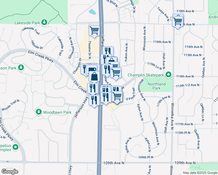 map of restaurants, bars, coffee shops, grocery stores, and more near 11401 Marketplace Dr N in Champlin